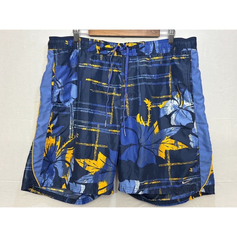 Nike Tropical Swim Trunks Mens Blue Yellow Floral Drawstring‎ Waist Lined XL Y2K